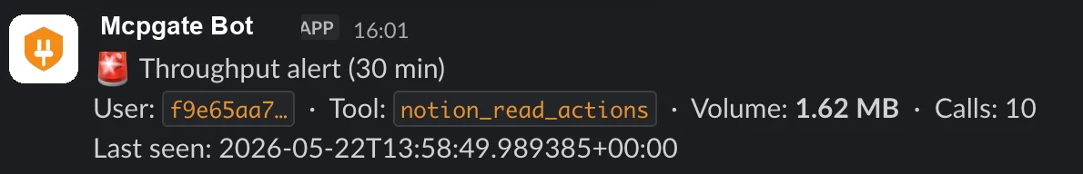 A Slack message from the Mcpgate Bot at 16:01 titled 'Throughput alert (30 min)' with fields: User f9e65aa7…, Tool notion_read_actions, Volume 1.62 MB, Calls 10, and a last-seen timestamp.