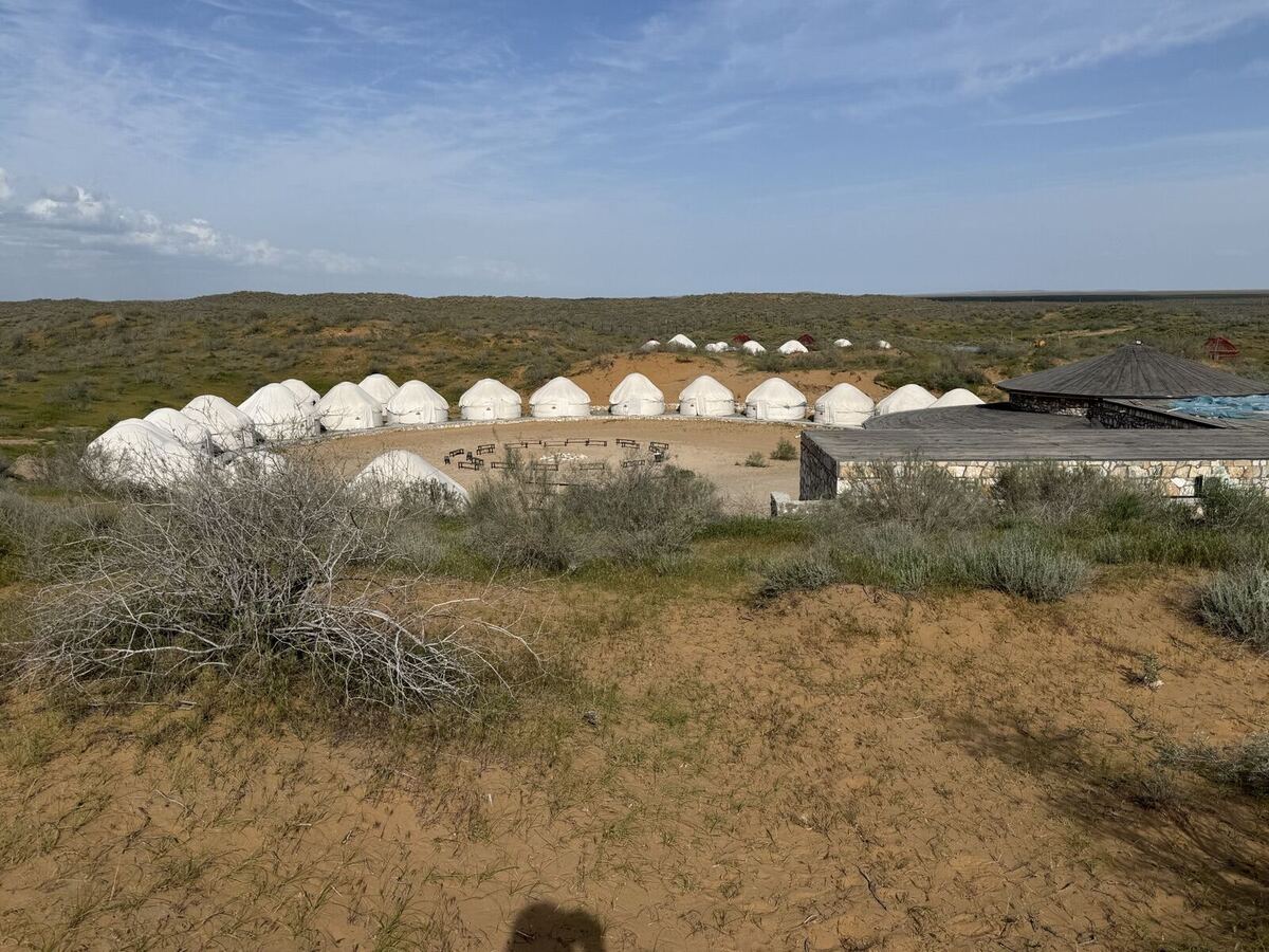 A row of yurts at a desert camp on the edge of Lake Aydarkul in Uzbekistan, with sandy foreground brush and a wide pale-blue sky stretching over the Kyzylkum desert.